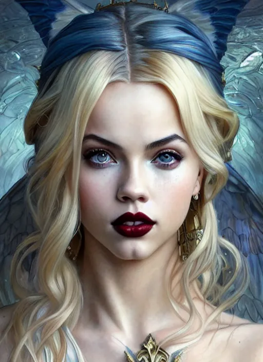 Image similar to ultra realistic illustration, a stunningly beautiful greek gothic goddess of chaos played by jordyn jones and dove cameron and margot robbie and taylor swift and megan fox and adriana lima, intricate, elegant, highly detailed, digital painting, artstation, concept art, smooth, sharp focus, illustration, art by artgerm and greg rutkowski and alphonse mucha