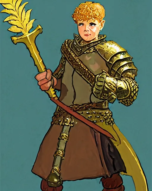 Image similar to beverly toegold the fifth, epic level dnd male halfling verdant paladin of the ancients and green teen, wielding a golden holy sword, wearing magical gleaming chainmail armor. full character concept art, realistic, high detail digital gouache painting by angus mcbride and michael whelan and moebius