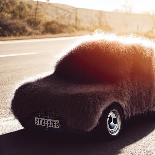 Prompt: photo of fluffy car covered with fur