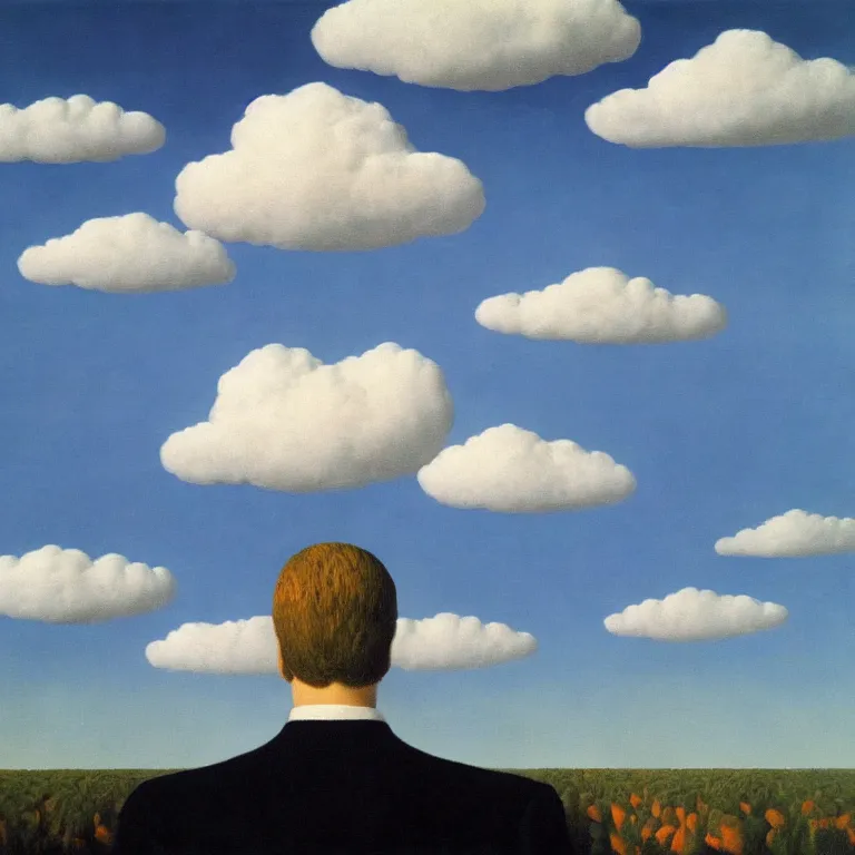 Image similar to cloud - man, by rene magritte, centered, detailed painting, hd, hq, high resolution, high detail, 4 k, 8 k