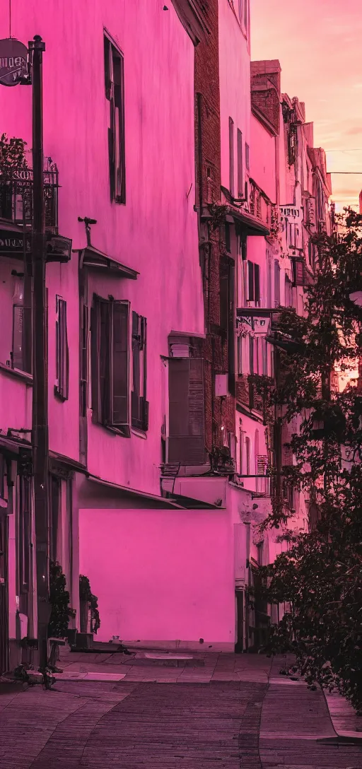 Prompt: a street photograph, pink sunset, dramatic lighting