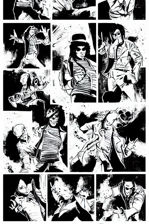 Image similar to michael jackson dancing, a page from cyberpunk 2 0 2 0, style of paolo parente, style of mike jackson, adam smasher, johnny silverhand, 1 9 9 0 s comic book style, white background, ink drawing, black and white