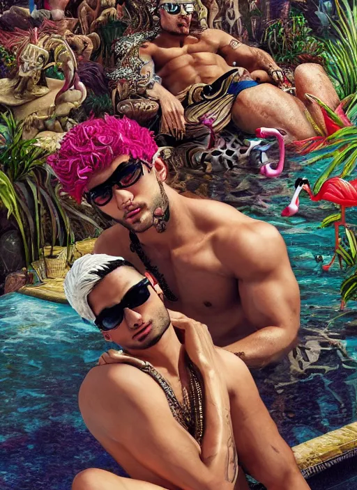 Prompt: muscular Atlantean king Zayn Malik grinning and wearing cholo sunglasses and a heavy bejeweled gold crown reclining poolside with a beautiful flamingo, tigers resting, steelpunk, ghibli studio, nekro, Tom Bagshaw, Craig Mullins, octane 8k, by brian froud, Trending on ArtStation