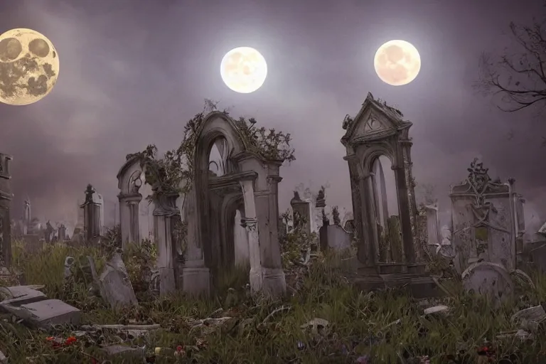 Prompt: an ultra detailed animation of a zombie hand in a graveyard at midnight on halloween, digital art, dark fantasy, concept art, soulslike, by alphonse mucha, blood moon eclipse, ruined building in the background, artstation, 8 k, unreal engine render