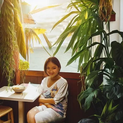 Image similar to a thin, pretty young Filipino girl sits near the window of a cute seaside Cafe with an espresso, golden morning light, cozy, tropical plants, Spirited Away