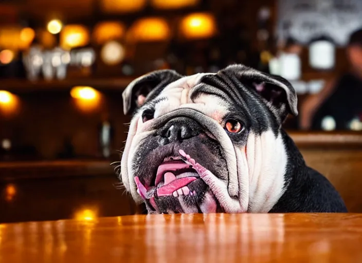 Image similar to a closeup, 4 5 mm, detailed photograph of a english bulldog drinking a beer on a bar - stool, sitting at a bar on a bar - stool, beautiful low light, 4 5 mm, by franz lanting