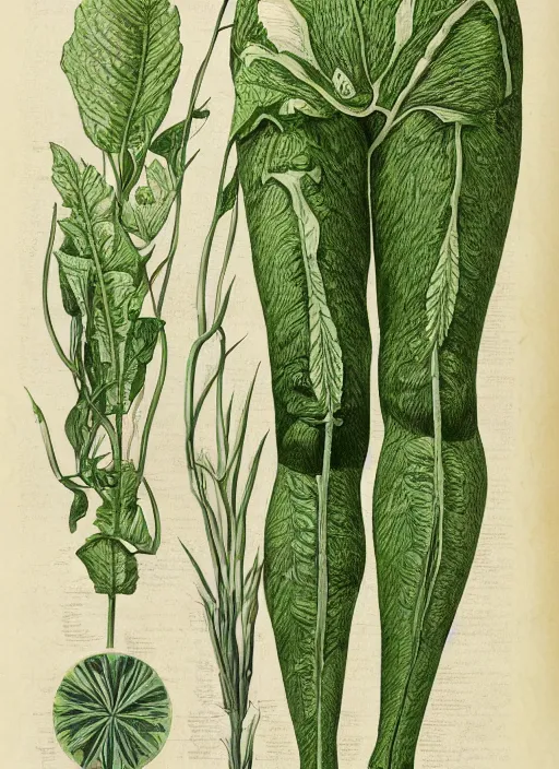 Image similar to fantasy scientific botanical illustration of a green tall plant walking around with human legs