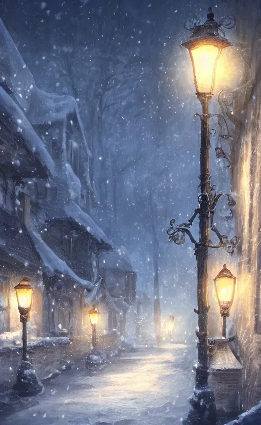 Image similar to a blurry ambient lantern in the distance of a snowy village at night, dynamic lighting, ambient lighting, atmospherical, photorealistic fantasy concept art, trending on art station, stunning visuals, creative, cinematic, ultra detailed