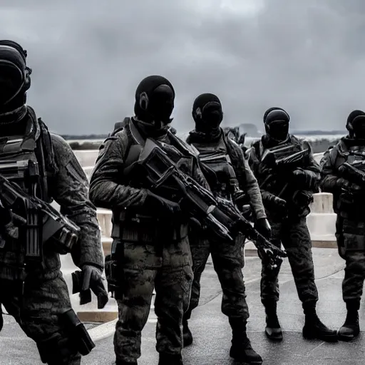 Image similar to Special Forces in grey uniform with black body armor committing war crimes in 2022, photo by Adam Ferguson, Pulitzer Winning, cinematic composition, breathtaking, modern, 2022