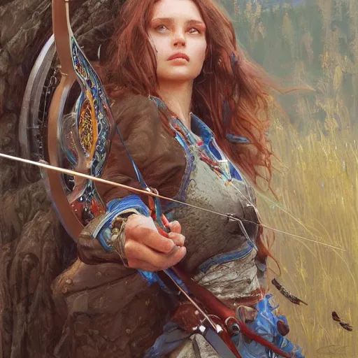 Image similar to beautiful archery girl, bow hunting women, archerty with bow and arrows, uart by donato giancola and greg rutkowski, realistic face, digital art, trending on artstation