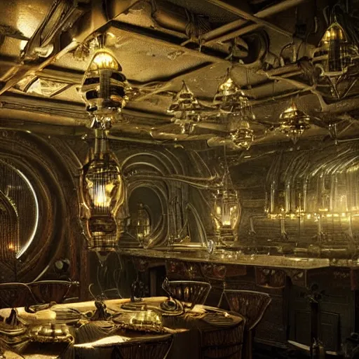 Image similar to scene from prometheus movie, hr giger artlilery spaceship lands in country tavern, filigree ornaments, volumetric lights, micheal whelan