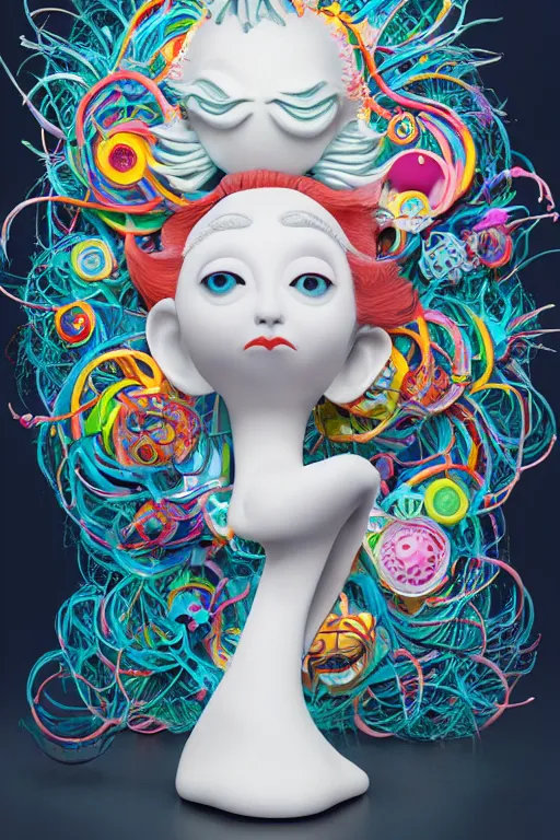 Image similar to 3 d full head and shoulders beautiful white porcelain woman with colourful big eyeballs all through her hair, ornate detailed hair, 3 d swirling hair by theodor seuss geisel and daniel arsham and xiang duan, simon stalenhag john waters, dr seuss kim jung gi, on a white background