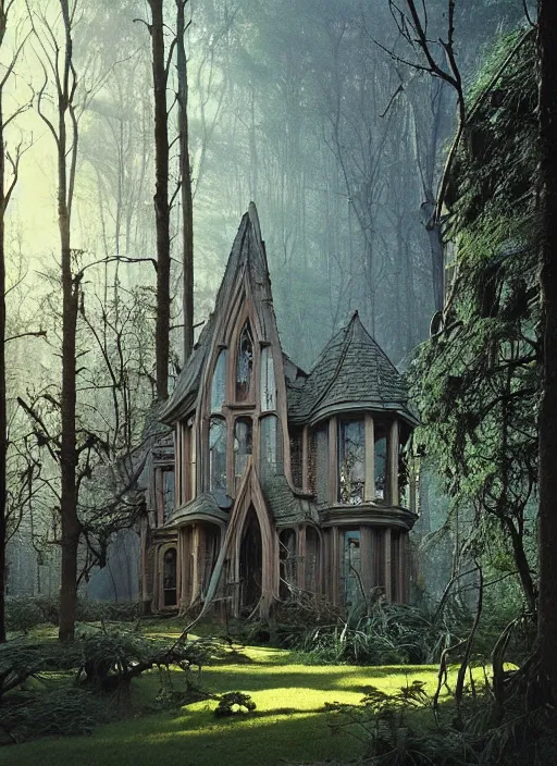 Image similar to hyper realistic witchy modern gothic house with mood lighting and tech in the woods gorgeous lighting, sunbeams blue sky, highly detailed, lush forest foliage painting by zdzisław beksinski and norman rockwell and greg rutkowski weta studio, and lucasfilm