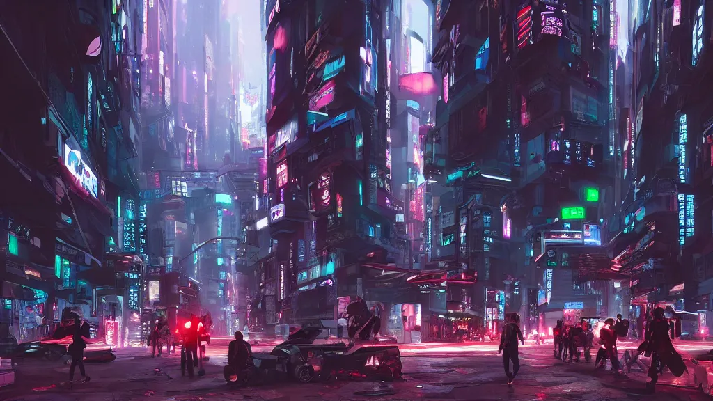 Image similar to cyberpunk city street with many people and robots of different heights, tokyo, volumetric lighting, fight happening, trending artstation, unreal engine 5, matte painting, atmospheric perspective, huge depth of field, by syd mead, dreadjim, fengzhu