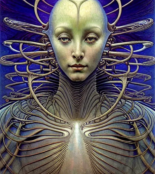 Image similar to detailed realistic beautiful young cher alien robot as queen of andromeda galaxy portrait by jean delville, gustave dore and marco mazzoni, art nouveau, symbolist, visionary, baroque, giant fractal details. horizontal symmetry by zdzisław beksinski, iris van herpen, raymond swanland and alphonse mucha. highly detailed, hyper - real, beautiful