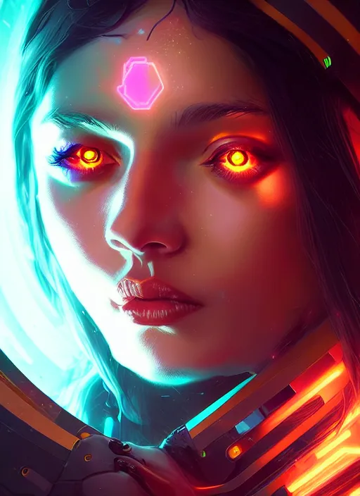 Prompt: glowwave portrait of camila mendez as a cyborg sorceress, in the art style of greg rutkowski