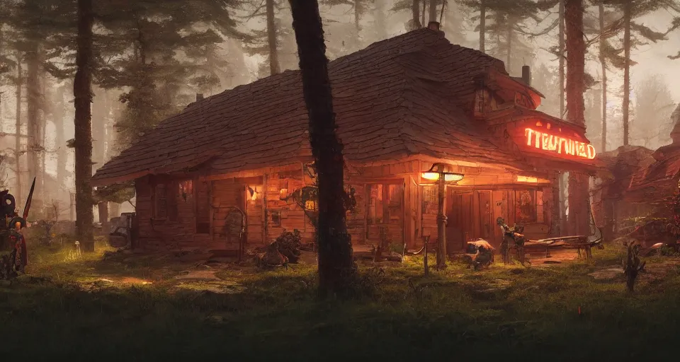 Image similar to A quiet tavern in the middle of a forgotten magical forest, rendered by simon stålenhag, rendered by Beeple, Makoto Shinkai, syd meade, environment concept, digital art, starwars, Gundam Style, unreal engine, 3 point perspective, WLOP, trending on artstation, low level, 4K UHD image, octane render,