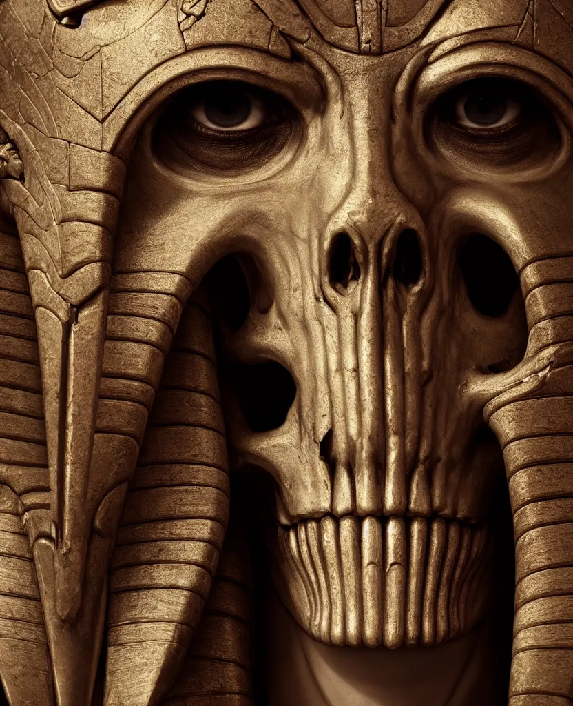 Prompt: Photorealistic epic egyptian god face close-up portrait ram skull. ominous, ancient magic, intricate artwork by Tooth Wu and wlop and beeple. octane render, trending on artstation, greg rutkowski very coherent symmetrical artwork. cinematic, hyper realism, high detail, octane render, 8k