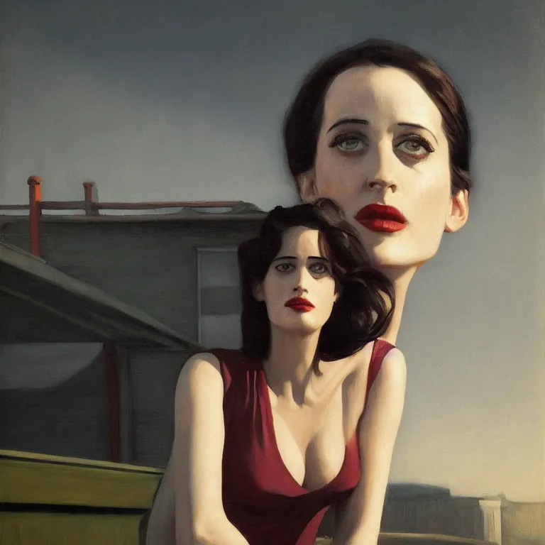 Prompt: portrait of Eva Green on a roof, fog, early morning, , painted by Edward Hopper, painted by Wayne Barlow, airbrush