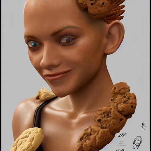 Prompt: female made of cookie, extremely detailed, 8k, trending on Artstation