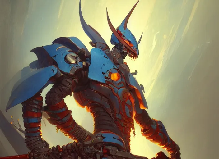 Image similar to character design digital 2 d man viking cape evangelion cyborg blue armor sword of fire by gaston bussiere, anna nikonova aka newmilky, greg rutkowski, yoji shinkawa, yoshitaka amano, tsutomu nihei, muira, moebius, donato giancola, trending on artstation, featured on pixiv