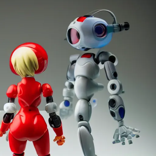 Prompt: photo of figma figures in a diorama of a laboratory : : roll is repairing computers, and she is a cute female ball - jointed robot ( in the style of mega man ) with blonde hair with bangs and a ponytail tied with a green ribbon. she is wearing a red one - piece dress with a white collar, and red boots.