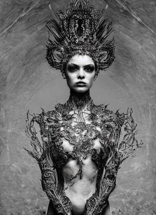 Image similar to a portrait of female model by stefan geselle and nekro borja, photorealistic, intricate details, hyper realistic, fantasy, elegant, ornate metal headpiece, photorealistic, canon r 3, photography, wide shot, symmetrical features, wide angle shot, perfect body, standing pose, feet on the ground