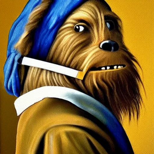 Image similar to chewbacca with a pearl earring, painting by vermeer