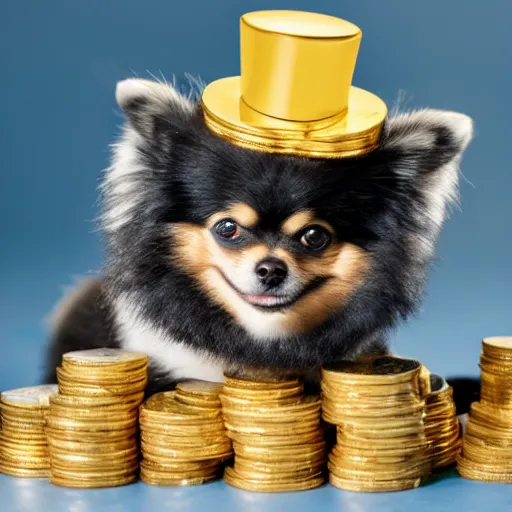 Image similar to A pomeranian wearing a top-hat, sitting on top of a large pile of gold coins