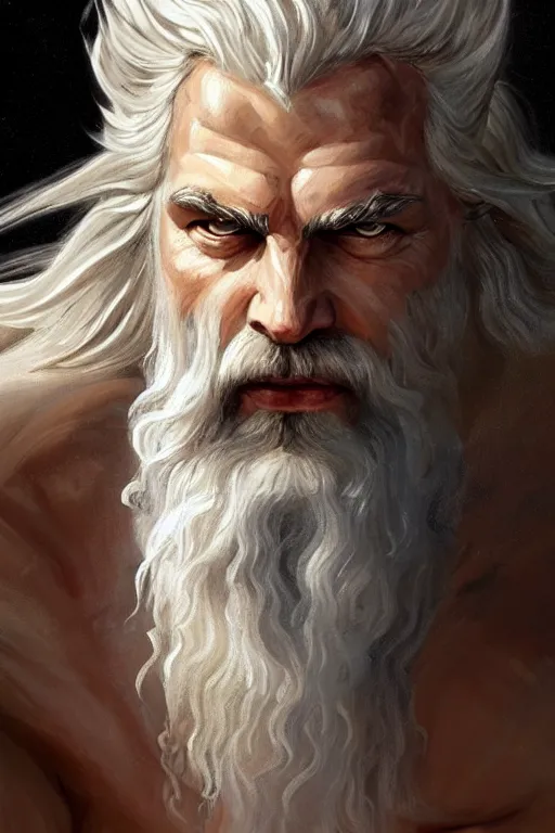 Image similar to painted portrait of rugged zeus, god of thunder, greek god, white hair, masculine, powerful, handsome, upper body, white robe, muscular, hairy torso, fantasy, intricate, elegant, highly detailed, digital painting, artstation, concept art, smooth, sharp focus, illustration, art by gaston bussiere and magali villeneuve