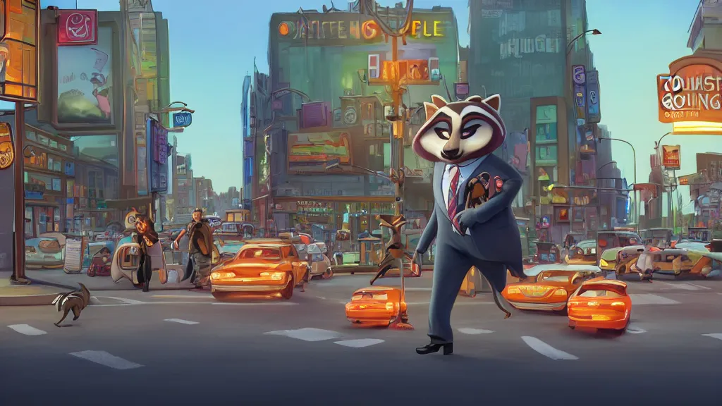 Prompt: An anthropomorphic raccoon businessman is walking down a busy crosswalk at sunset, warm lighting with an orange glow blanketing the cityscape, zootopia, other anthropomorphic characters are walking by him, extremely detailed, HDR, sideview, solemn and moody, many cars and animal people in the background, detailed face and eyes, large and detailed eyes with visible pupils, the ground is wet with many rain puddles, reflections from the water on the ground, shadows are being cast from the cars and people walking around
