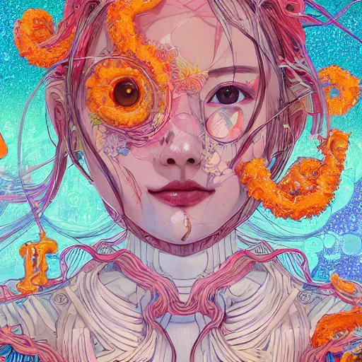 Prompt: the face of a ridiculously beautiful and cute japanese girl partially made of onion rings of all colors looking down, an ultrafine detailed illustration by james jean, final fantasy, intricate linework, bright colors, vanitas, angular, altermodern, unreal engine 5 highly rendered, global illumination, radiant light, detailed and intricate environment