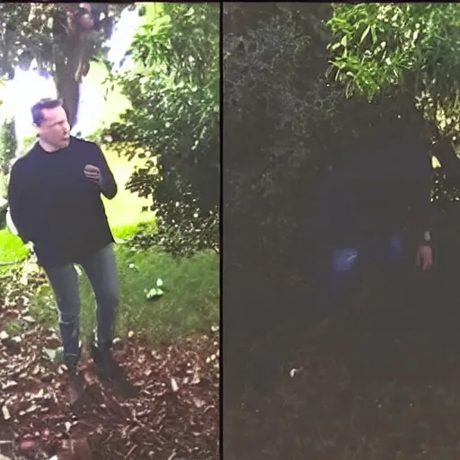 Image similar to security camera footage of drunk elon musk in my backyard staring at a tree. cctv. caught on camera