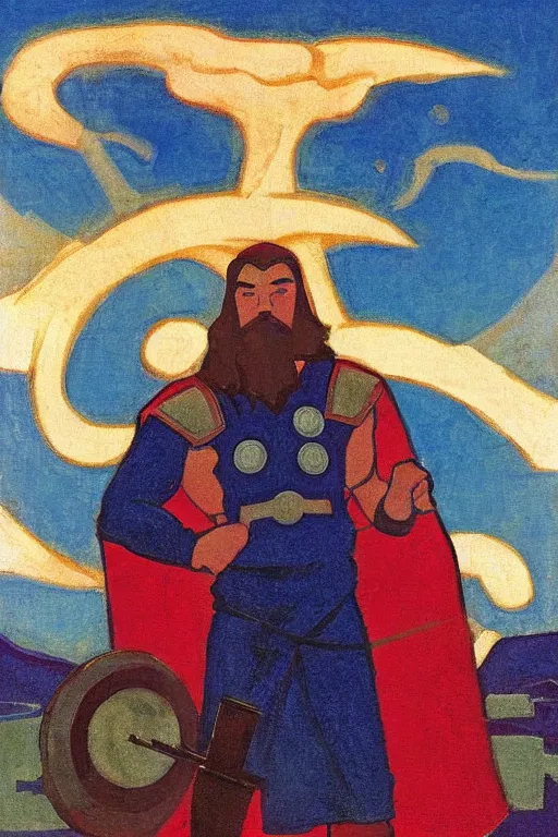 Image similar to thor with mjollnir, marvel, artwork by nicholas roerich,