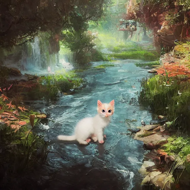 Prompt: a painting of a cute kitten at a creek. disney character design by cory loftis, fenghua zhong, ryohei hase, ismail inceoglu and ruan jia. volumetric light, detailed, rendered in octane