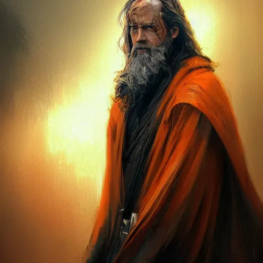 Image similar to portrait of a man by greg rutkowski, jedi master, arabian features, messy long black hair, beard, wearing orange jedi robes, star wars expanded universe, he is about 6 0 years old, highly detailed portrait, digital painting, artstation, concept art, smooth, sharp foccus ilustration, artstation hq