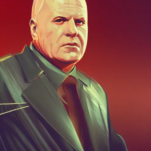 Image similar to cyberpunk nikita krushchev as the leader of a futuristic communist nation, cybernetics, sharp lines, digital, artstation, colored in