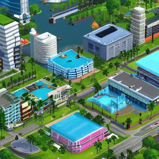 Image similar to A highly detailed Isometric view of Miami in the style of The Sims 4