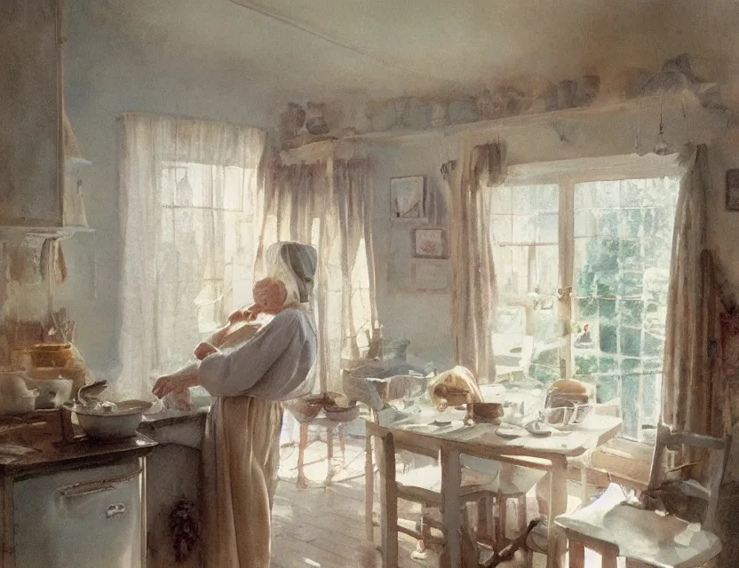 Image similar to grandmother cooking in a kitchen in country house, back view, cottage core, cinematic focus, polaroid photo bleached vintage pastel colors high - key lighting, soft lights, foggy, by steve hanks, by lisa yuskavage, by serov valentin, by tarkovsky, 8 k render, detailed, oil on canvas