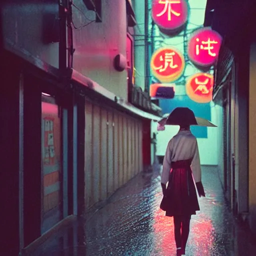 Image similar to 1990s perfect 8K HD professional cinematic photo of close-up japanese schoolgirl walking in dystopian alleyway with neon signs, at evening during rain, at instagram, Behance, Adobe Lightroom, with instagram filters, depth of field, taken with polaroid kodak portra