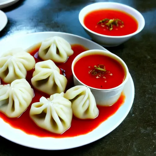 Image similar to delicious dumplings with chilli sauce made by hayao miyazaki, ghibli art style