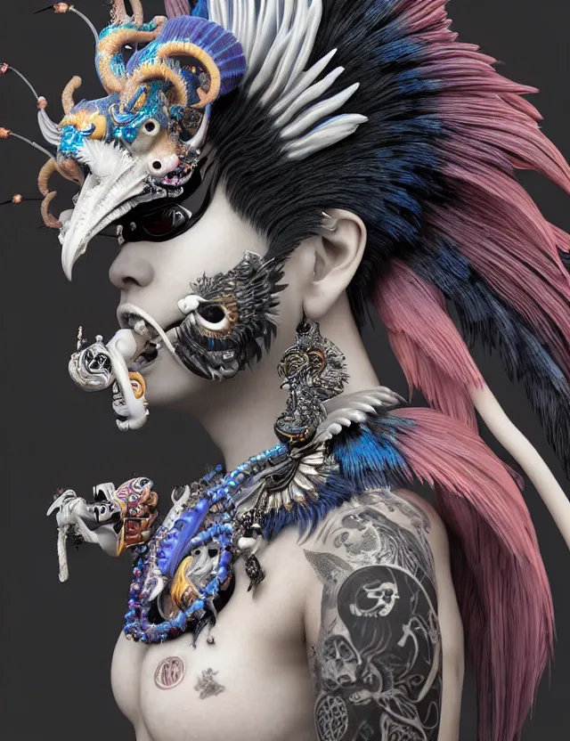 Image similar to 3 d goddess close - up profile portrait punk with mohawk with ram skull. beautiful intricately detailed japanese crow kitsune mask and clasical japanese kimono. betta fish, jellyfish phoenix, bio luminescent, plasma, ice, water, wind, creature, artwork by tooth wu and wlop and beeple and greg rutkowski