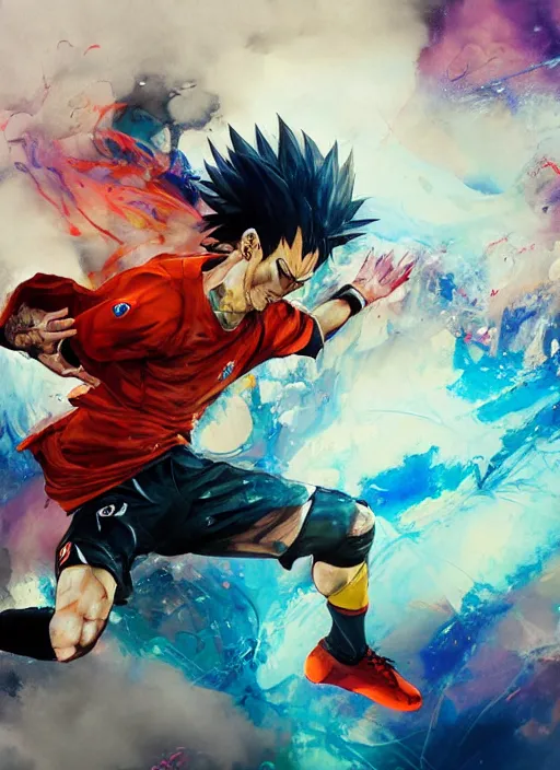 Image similar to semi reallistic gouache gesture painting, by yoshitaka amano, by ruan jia, by Conrad roset, by dofus online artists, detailed anime 3d render of neymar as goku, neymar soccer player super sayan, Neymar jr, portrait, cgsociety, artstation, rococo mechanical, Digital reality, sf5 ink style, dieselpunk atmosphere, gesture drawn