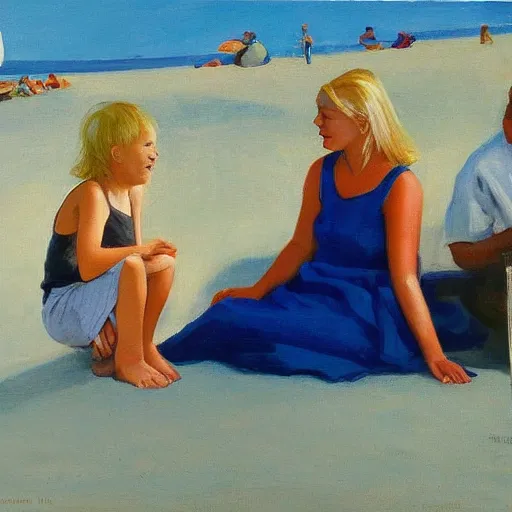 Image similar to a nine year old blonde girl and her two parents sit on a blanket at the beach and watch through sun go down in the style of Edward hopper