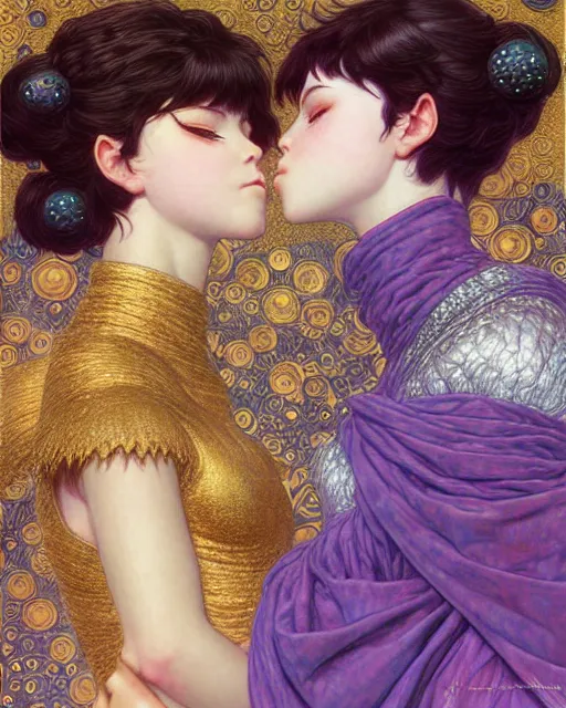 Image similar to portrait of two beautiful cute young maiden girls with short white hairs in warhammer armor kissing, art by ( ( ( kuvshinov ilya ) ) ) and wayne barlowe and gustav klimt and artgerm and wlop