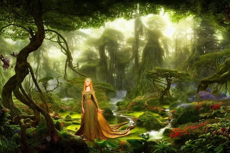 Image similar to a beautiful and highly detailed matte painting of an elven princess in beautiful garden in a mystical forest, psychedelic patterns, celtic designs, intricate details, epic scale, insanely complex, 8 k, sharp focus, photorealism, artstation, cgsociety, by caspar friedrich, albert bierstadt, james gurney, brian froud,