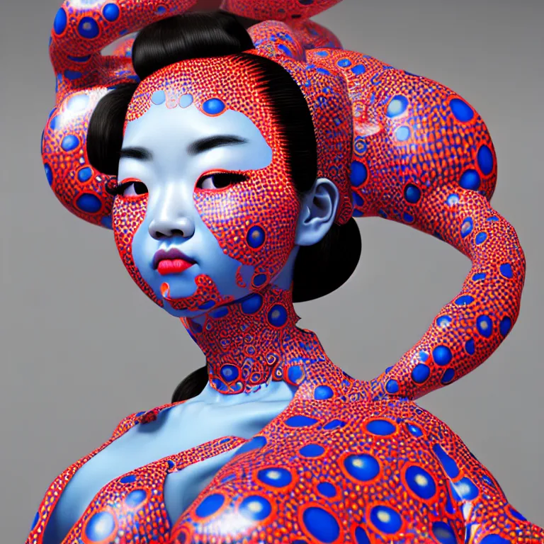 Image similar to hyperrealistic detailed image of a geisha in a art installation room, hd smooth interior by yayoi kusama, part by kei mieno, part by ross tran, dark art by james jean, ultra realistic, highly detailed, life like face, detailed body, 8 k, 3 d render by roger magrini, very cohesive, masterpiece