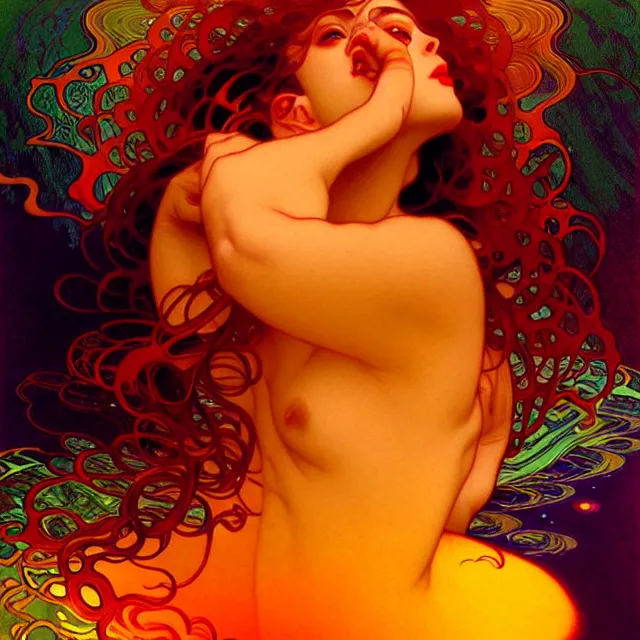 Image similar to transcendent mind bending indigo waves of glossy psychedelic liquid honey flowing like kaleidoscopic translucent amber, lsd waves, honey ripples, enlightenment, dramatic professional lighting, refracted sunset lighting, art by collier, albert aublet, krenz cushart, artem demura, alphonse mucha