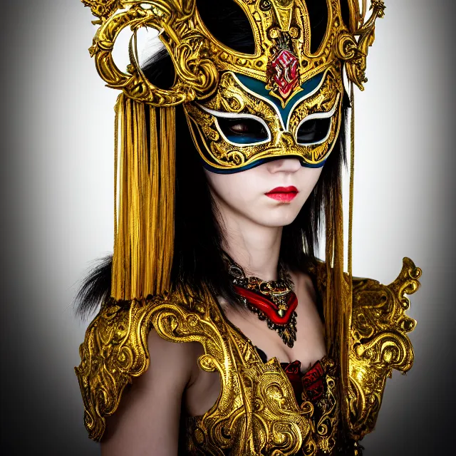 Prompt: full body portrait photo of a female warrior with ornate venetian mask, highly detailed, 8 k, hdr, close up, smooth, sharp focus, high resolution, award - winning photo