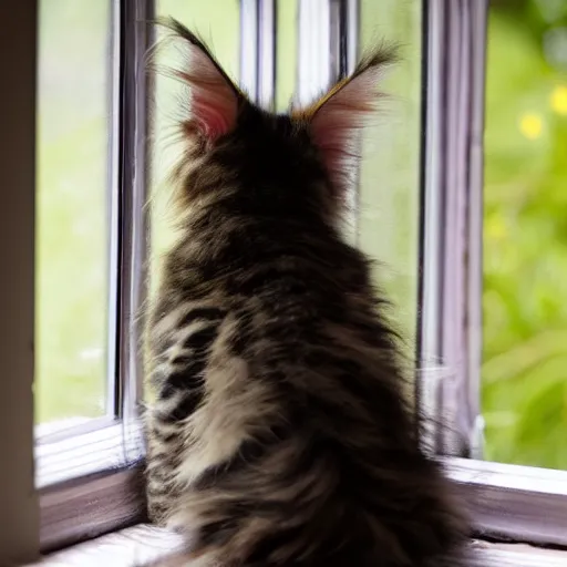 Image similar to view from the back of a backlit maine coon kitten gazing out a sunny window on a warm day. outside there are pretty flowers.